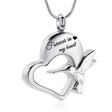 Imagem de QGJNSGC Colar de beija-flor, joia para cremação, colar de urna de beija-flor para cinzas, coração, cinzas, lembrança, joia de cremação, suporte de cinzas funerárias, Forever in my heart, metal, aço
