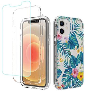 Imagem de sidande Capa para iPhone 11 com protetor de tela de vidro temperado, capa protetora fina de TPU floral transparente para Apple iPhone 11 de 6,1 polegadas (flores e folhas)