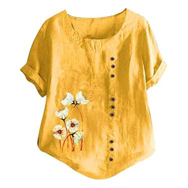 Imagem de Camiseta feminina de linho com estampa floral, manga curta, gola redonda, botão, túnica folgada para o verão, Amarelo #1, G