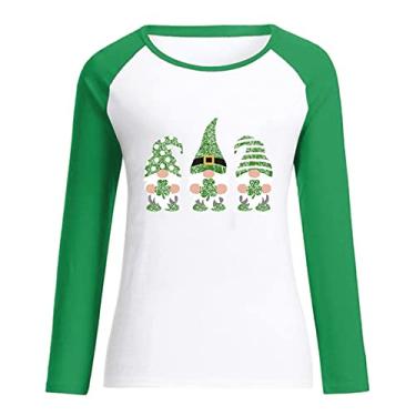 Imagem de Camisetas femininas para o dia de São Patrício, manga comprida, estampa de trevo verde, casual, férias, desfile, 2024, Branco, M
