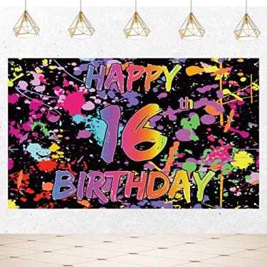 Imagem de Joyiou Feliz aniversário de 16 anos Neno brilha no escuro Banner decorações de sinal para meninas meninos, grafite colorido festa de aniversário de 16 anos interior decoração externa suprimentos (1,5 x 0,9 m)