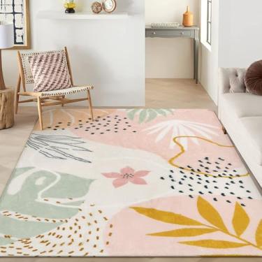 Imagem de Lahome Tapetes laváveis rosa 20 x 25 cm - Tapete antiderrapante grande para sala de estar, tapete boho para quarto, estampa botânica ultrafina para sala de aula, berçário, sala de jantar, casa
