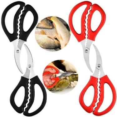 Imagem de 4 tesouras de frutos do mar para cozinha, multifuncional, frutos do mar, peixe, caranguejo, camarão, lagosta, tesouras de aço inoxidável, vermelho e preto