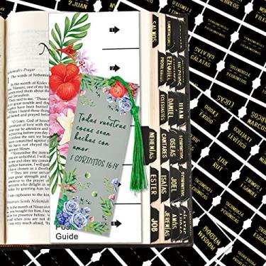 Imagem de Cualfec Separadores de índice bíblico católico espanhol tabs Novo e antigo testamento design floral laminado fosco, suprimentos para diário da Bíblia - 122 peças (preto - folha dourada)