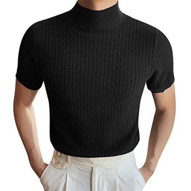 Imagem de Camisetas masculinas de malha gola rolê 2024 manga curta verão camisetas casuais camisetas modernas para homens, Preto, GG