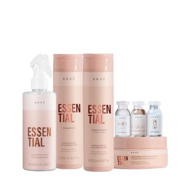 Imagem de Kit de Cuidados com o Cabelo BRAÉ Essential Duo 250ml + Essential Hair Repair Spray 260ml + Máscara 200g + 3 Ampolas 13ml - Repara e Hidrata Cabelos Danificados e Fragilizados