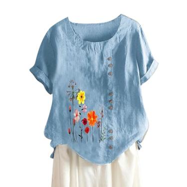 Imagem de Túnica feminina de algodão e linho, estampa floral, blusa de manga curta, vintage, boêmia, básica, Azul-celeste A, GG