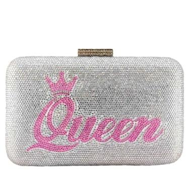 Imagem de Boutique De FGG Bolsas de luxo de cristal para noite coroa e queen clutch para festas de casamento com strass, Prata osa, Mini