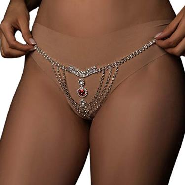 Imagem de Corrente de cintura de barriga com strass, joia de cristal, calcinha fio dental de luxo, corrente corporal para mulheres, festa noturna (tanga vermelha Rhinstone)