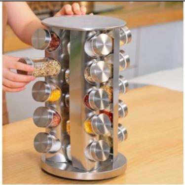 Imagem de Genérico Porta Tempero Condimento Inox 20 Potes Redondo + Suporte Giratório - Vidro e Aço Inoxidável - Prata - 33 cm de Altura x 13 cm de Largura - Temperos e Especiarias