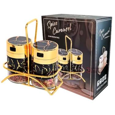 Imagem de Porta Tempero Condimento Com Suporte Aço Inox Vidro, 2 Potes 150ML Com Tampa Dosadora, Efeito de Marmore Luxo, Dourado Cor Ouro