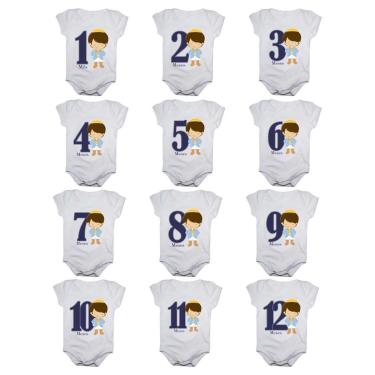 Imagem de Kit 12 Body Bebê Calupa Mesversario Manga Curta Príncipe 1 A 12 Meses Masculino-Masculino