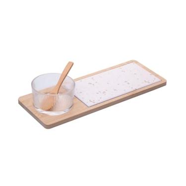 Imagem de LYOR - Conjunto Petisqueira de Vidro com Colher e Bandeja de Bambu e Tábua Terrazo 32x12x5,5cm - 4 Itens - Ideal para Frios e Purês