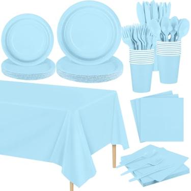 Imagem de Kochorie Conjunto de 169 peças de utensílios de jantar descartáveis em azul claro inclui pratos e copos, guardanapos, garfos de plástico, facas, colheres, toalha de mesa para decoração de festa de