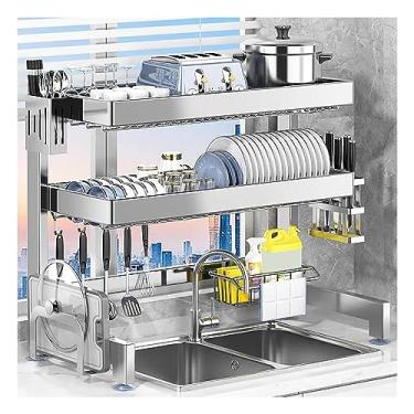 Imagem de Escorredor de louça 304 aço inoxidável 2 camadas grande escorredor de pratos acima da pia com talheres, rack de facas e 6 ganchos - rack de drenagem de balcão de armário de armazenamento de cozinha