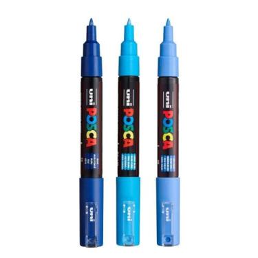 Imagem de Kit 3 Posca PC-1M Azul, Azul Claro, Blue Sky 0.7mm Uniball - Uni-ball