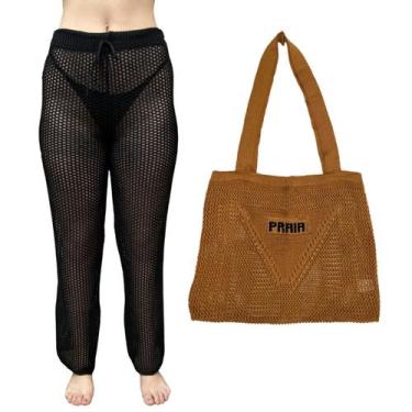 Imagem de Kit Calça Pantalona Tricot Feminina com Bolsa Sacola de Praia Crochê -