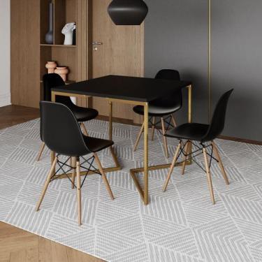 Imagem de Mesa Jantar Industrial Quadrada 90cm Preta Base V Dourada com 4 Cadeir