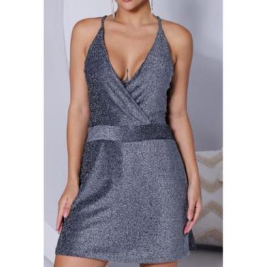 Imagem de Macaquinho Vestido Lurex de Alcinha Feminino Luxo - Mclube, Prata, P