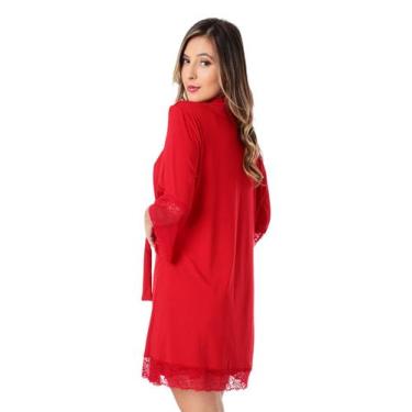 Imagem de Robe Vermelho de Renda Microfibra Kimono Roupão Linha Noite - Empório 