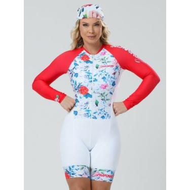 Imagem de Macaquinho De Ciclismo Feminino Manga Longa Red Flower Flowers Savanci