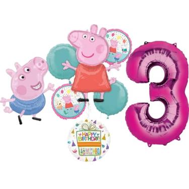 Imagem de Anagram Peppa and George 3rd Birthday Party Supplies Pig Foil Balloon Bouquet Decorations, BQ_4283