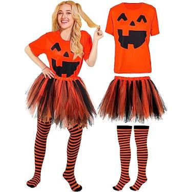 Imagem de Haull Camiseta feminina de abóbora de Halloween para cosplay, fantasia de Halloween, saia curta feminina, extralonga acima do joelho, fantasia de Halloween preta e laranja, grande, Multicolorido.,