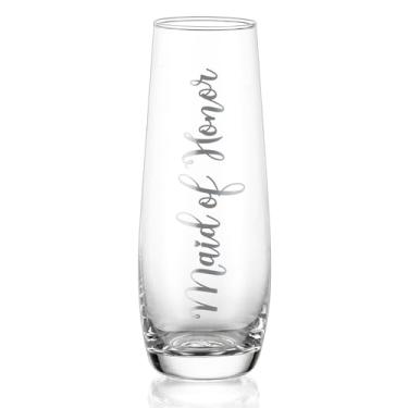 Imagem de NUPTIO Copos de champanhe Maid of Honor: Taças de chá de panela sem haste para festa de prosecco copo de presente de casamento prata transparente em relevo