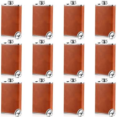 Imagem de 12 conjuntos de cantil de uísque de couro de 227 g cantil de aço inoxidável com funil e taças de vinho para homens, mulheres, coquetéis, licores, presentes de dia dos pais, acampamento, festa de