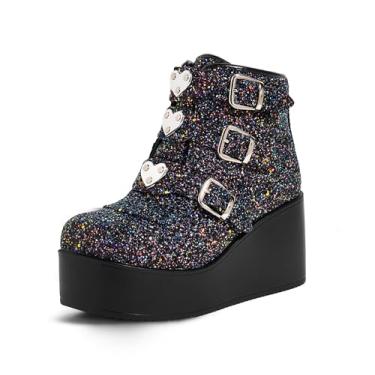 Imagem de LUCKY STEP Botas femininas de cano curto com plataforma – bico redondo com zíper anabela salto alto fivela sola grossa botas góticas, Glitter preto, 7