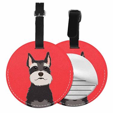 Imagem de TKS MITLAN Schnauzer Etiqueta de bagagem feminina The Buddy Dog retrato barba canina desenho animal vermelho PU bolsa de couro PU viagem identificador de identificação de bagagem etiquetas redondas (1
