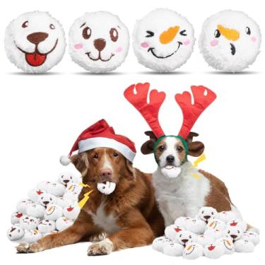 Imagem de 32 peças de brinquedos de Natal para cães com bolas de pelúcia, brinquedo macio de bola de neve com sorriso de cachorro e boneco de neve, bola fofa para cães pequenos e médios interativos, decorações