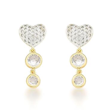 Imagem de Brinco Coração Com Pingente Dois Pontos De Luz Banhado A Ouro 18k