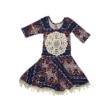 Imagem de Twirls and Twigs Vestido feminino de crochê com acabamento em renda e manga no cotovelo, Azul royal/coral, 5 Anos