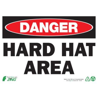 Imagem de ZING Placa de segurança ecológica 2102, DANGER Hard Hat Area, 10Hx14W, plástico reciclado