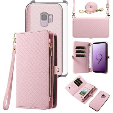 Imagem de Asuwish Capa de celular para Samsung Galaxy S9 carteira com zíper destacável com protetor de tela de vidro temperado alça transversal alça flip compartimento para cartão S 9 Edge 9S GS9 mulheres