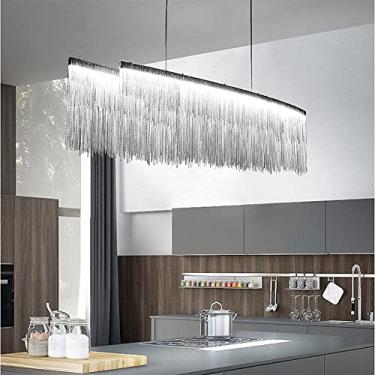 Imagem de Retangular Borla Luz Pendente Moderno Luxuoso Corrente Decorativa Led Lustre Iluminação De Teto Para Sala De Estar Mesa De Jantar Hotel(150cm, 60W,Chrome, 3 Colour Light)