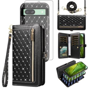 Imagem de Asuwish Capa de celular para Google Pixel 8A 5G com zíper carteira magnética destacável com protetor de tela de vidro temperado, alça transversal com glitter, flip com glitter, suporte para cartão de