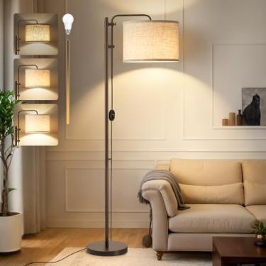 Imagem de GyroVu Luminária De Chão Para Sala De Estar, Luminárias De Pé Com Altura Ajustável E Abajur De Linho Giratório De 350°, Luminária Alta Moderna Marrom De 67,5 Polegadas, Luminárias De Chão Reguláveis