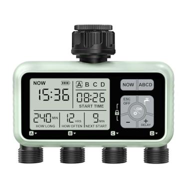 Imagem de Temporizador de irrigação johgee de 4 zonas, temporizador programável de torneira de mangueira de jardim externo com atraso de chuva/sistema de irrigação manual/automático