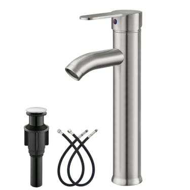 Imagem de Torneira para pia de vaso de níquel escovado com alça única para banheiro Lavatório Vanity Mixer Bar Tap com dreno pop-up (Bigger Pop Up Inferior) Suporte para deck com orifício único