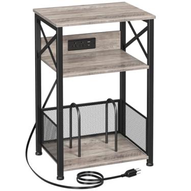 Imagem de AMHANCIBLE Suporte para toca-discos com estação de carregamento, suporte para toca-discos com armário de armazenamento, mesa de canto de 3 níveis comporta até 100 álbuns, suporte de gravação para