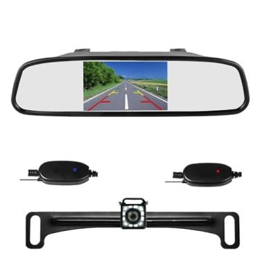 Imagem de Câmera de ré sem fio para carro com monitor de espelho compatível com estacionamento de veículos - Câmera de ré HD com tela de 4,3 polegadas