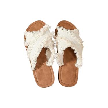 Imagem de GORGLITTER Sandálias rasteiras femininas com acabamento cru com franja cruzada, bico aberto, sem cadarço, Bege, 37