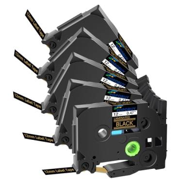 Imagem de POPOBUY Fita preta laminada TZ TZe 12 mm 1,2 cm compatível com Brother P Touch TZ334 TZ-334 TZe-334 TZe334 TZe334 para máquina de etiquetas Brother PT-D400VP D600 E550W E800W, pacote com 5 ouro em