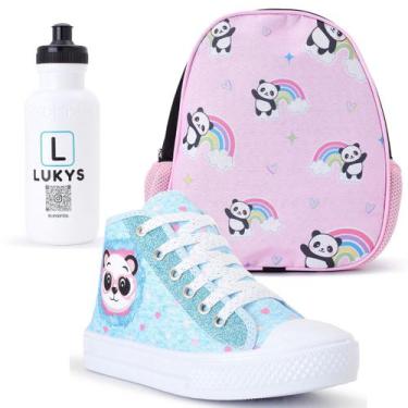 Imagem de Kit Tênis Infantil Feminino Panda + Mochila Garrafinha - LUKYS CALÇADO