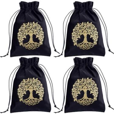 Imagem de CREATCABIN Pacote com 4 sacos de cartas de tarô árvore da vida, bolsas de tarô, bolsa grossa de veludo com cordão, preta, protetora, jogo de tabuleiro, bordado, para cartões de dados de tarô, joias