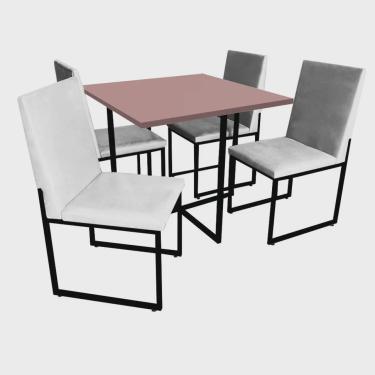 Imagem de Kit Mesa de Jantar Thales com 4 Cadeiras Sttan Ferro Preto Tampo Rose Rosa Corino Branco - Ahz Móveis