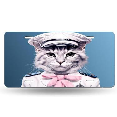 Imagem de Retrato fofo de gato em boné de marinheiro capa de placa de licença elegante - etiqueta de carro de alumínio artística, à prova de ferrugem, design exclusivo novidade - 15 x 30 cm