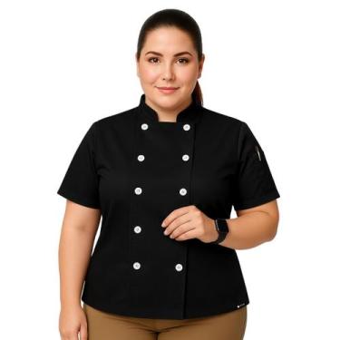 Imagem de Dólmã Para Chef Cozinha Feminino Plus Size Cor Preto Uniforme Cozinhei